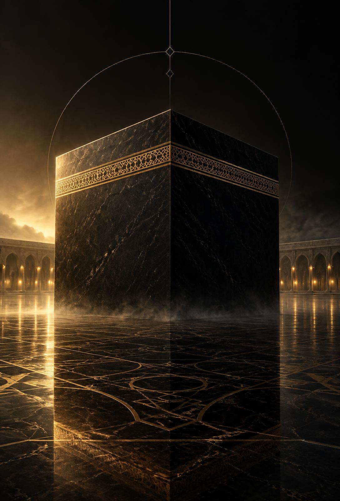 Architectural black stone cube with gold detailing in a marble plaza